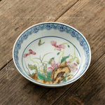 service thé traditionnel céramique émaillée fleurs papillons artisanal blanc bleu vert rose brun