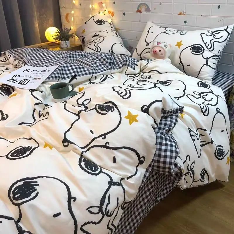 ensemble literie snoopy motif carreaux blanc noir jaune étoiles enfantin moderne 4pièces