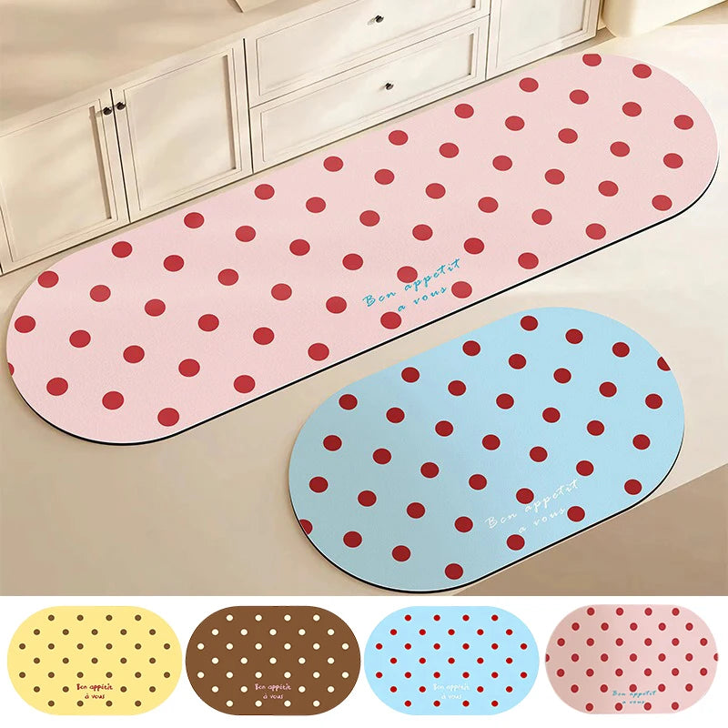 tapis cuisine antidérapant moderne pois jaune bleu rose marron bon appétit adhésif sol extérieur