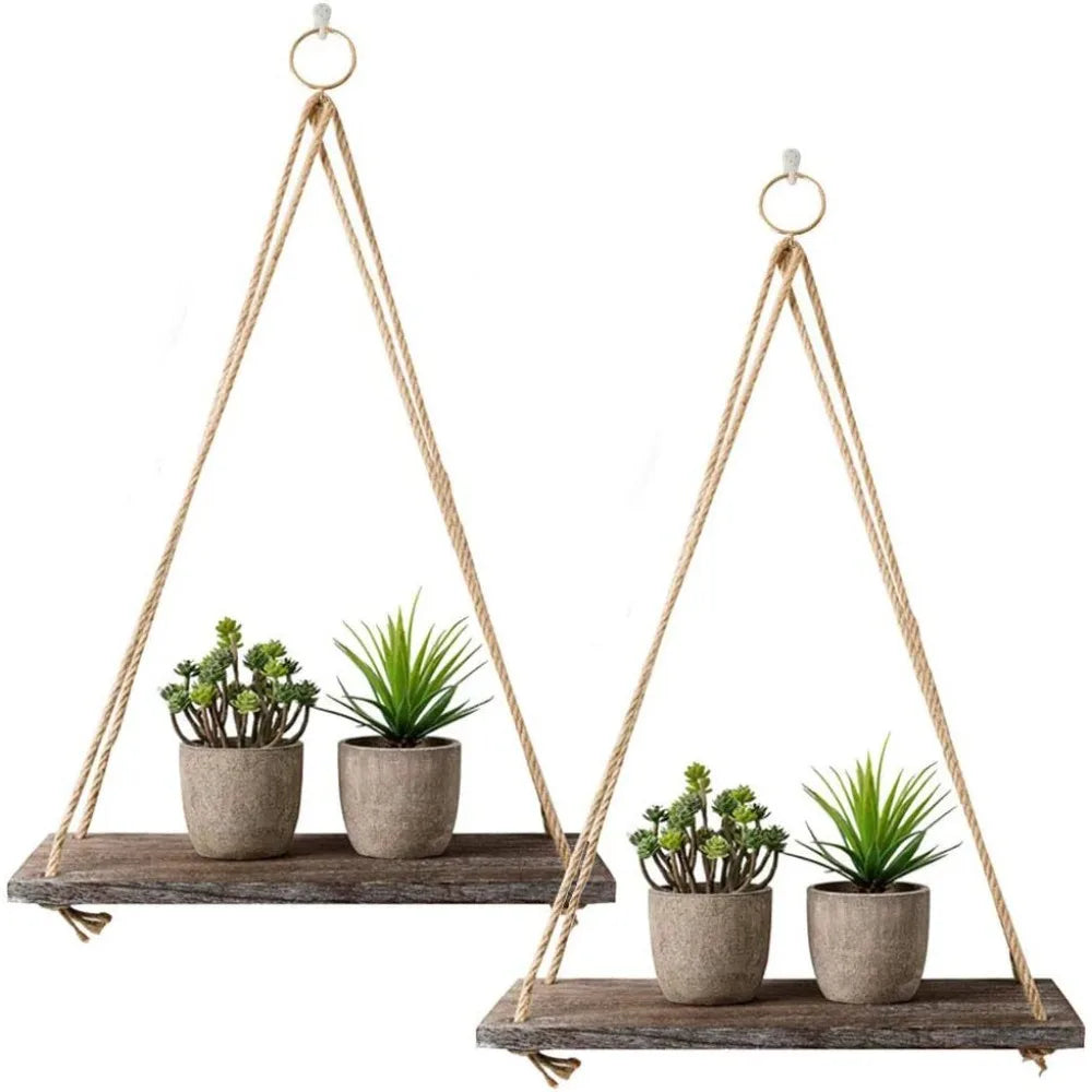 étagère suspendue bois brun clair rustique minimaliste ficelle tressée anneaux métalliques pots plantes cadre