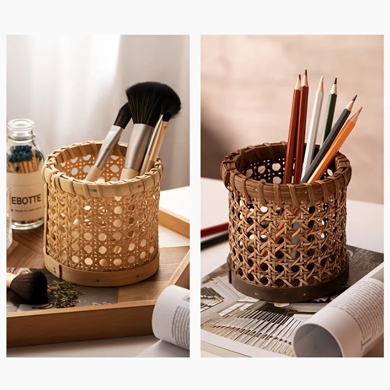rangement tressé bohème pot crayons ustensiles pinceaux semi transparent naturel rustique