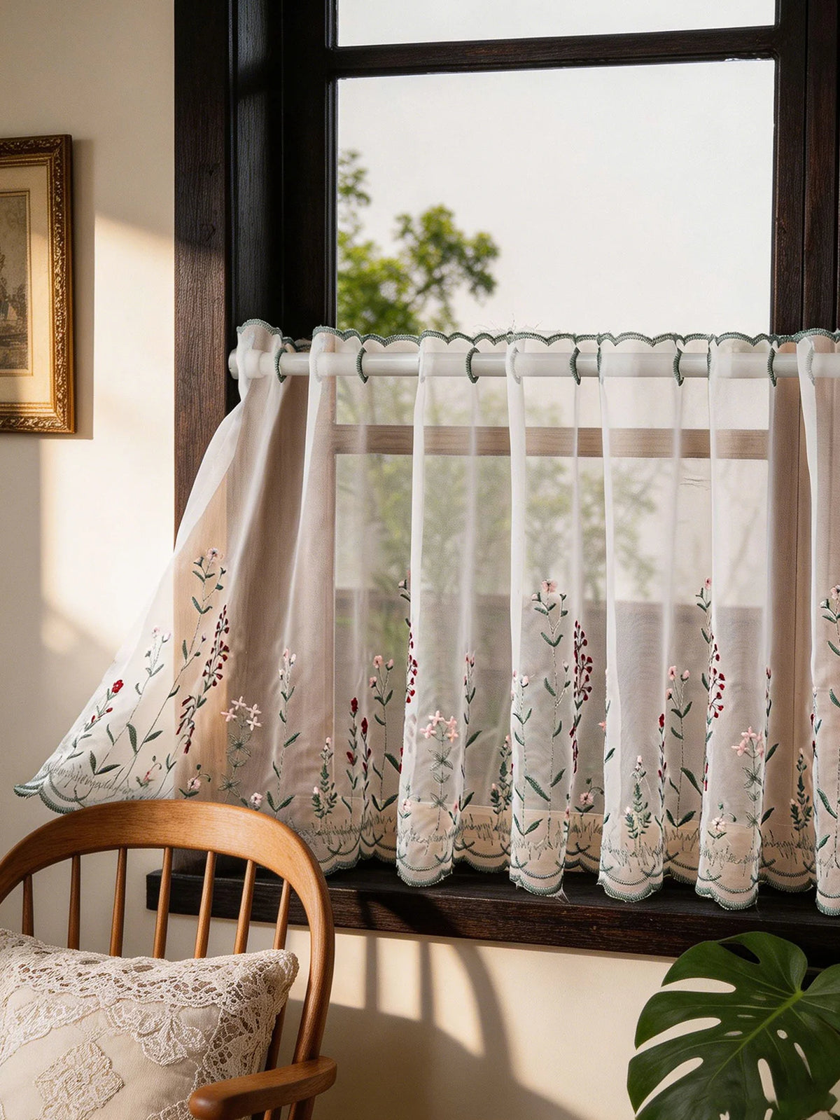 rideau polyester brodé floral transparent classique cuisine fenetre blanc rouge vert