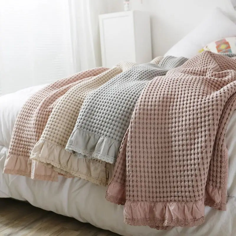 plaid coton doux solide rose clair tissage points moderne portable anti boulochage pique nique