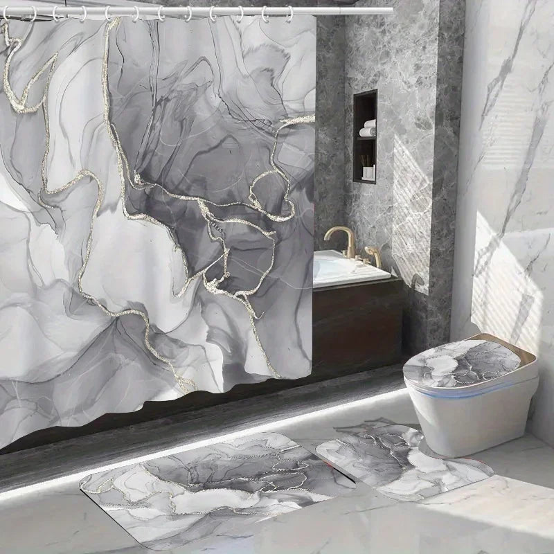 Image de rideaux majestueux en argent avec des motifs de robinetterie et de carreaux en marbre, ajoutant une élégance sophistiquée à une salle de bain bien conçue. Ces rideaux uniques reflètent un design de salle de bains axé sur la plomberie et la décoration, où le luxe rencontre la fonctionnalité.