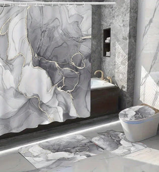Image de rideaux majestueux en argent avec des motifs de robinetterie et de carreaux en marbre, ajoutant une élégance sophistiquée à une salle de bain bien conçue. Ces rideaux uniques reflètent un design de salle de bains axé sur la plomberie et la décoration, où le luxe rencontre la fonctionnalité.