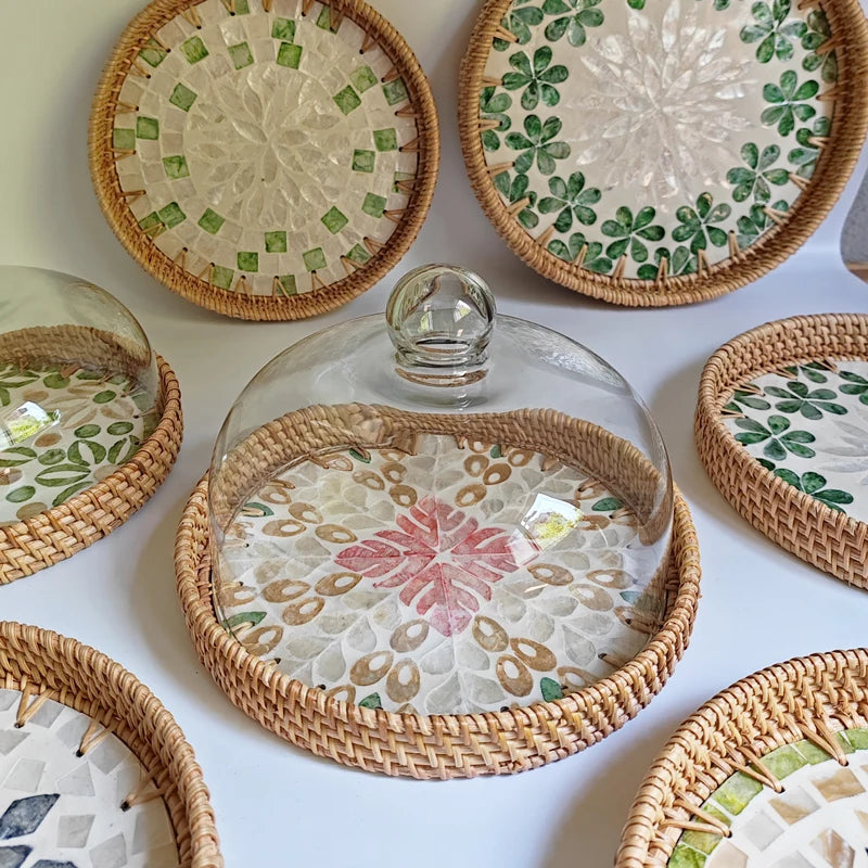 plateau rond corde tressée couvercle verre mosaïque décoratif boho chic rangement cuisine salle manger