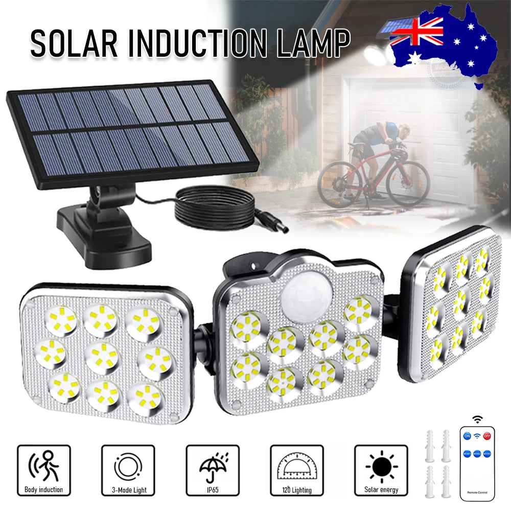 projecteur solaire détecteur mouvement led moderne extérieur jardin sécurité trois têtes ip65 étanche