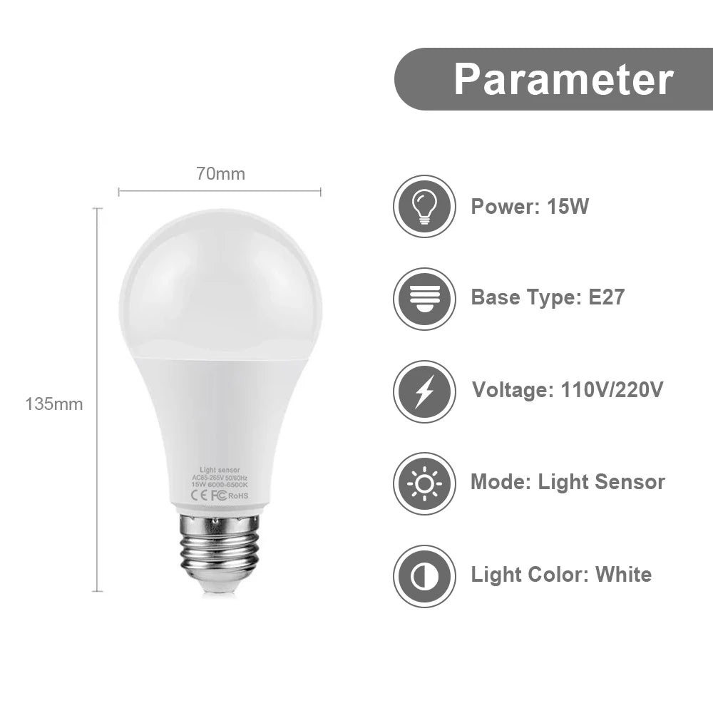ampoule led 15w blanc froid e27 auto crépuscule moderne jardin extérieur 50000hrs 120°