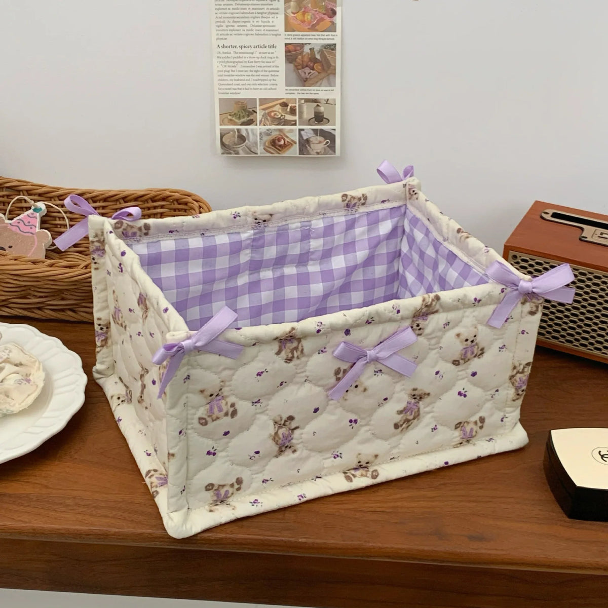 paniers rangement vichy ours fleurs blanc rose violet texturés rubans décoratifs organisateur cosmétiques
