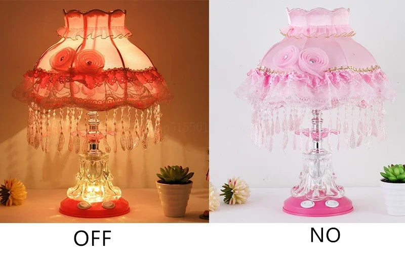 lampe table vintage rose chambre enfant abat jour dentelle interrupteur bouton led romantique chambre