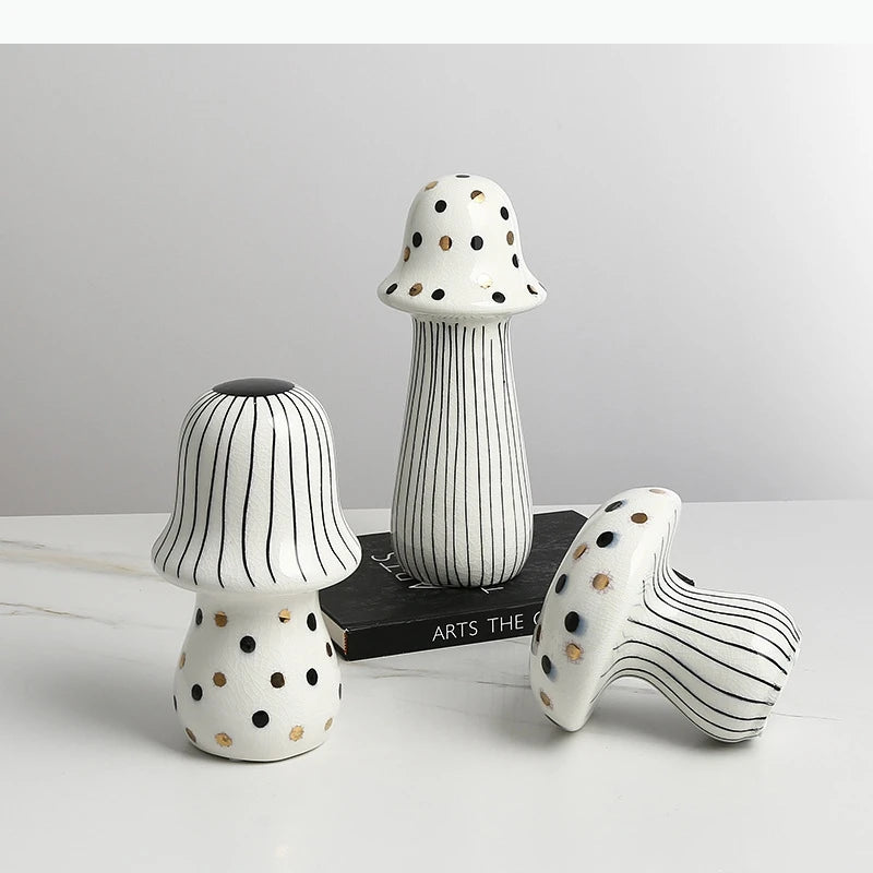 décoration intérieure moderne statue champignon peint rayures pois or blanc noirscrição abstraite contemporaine