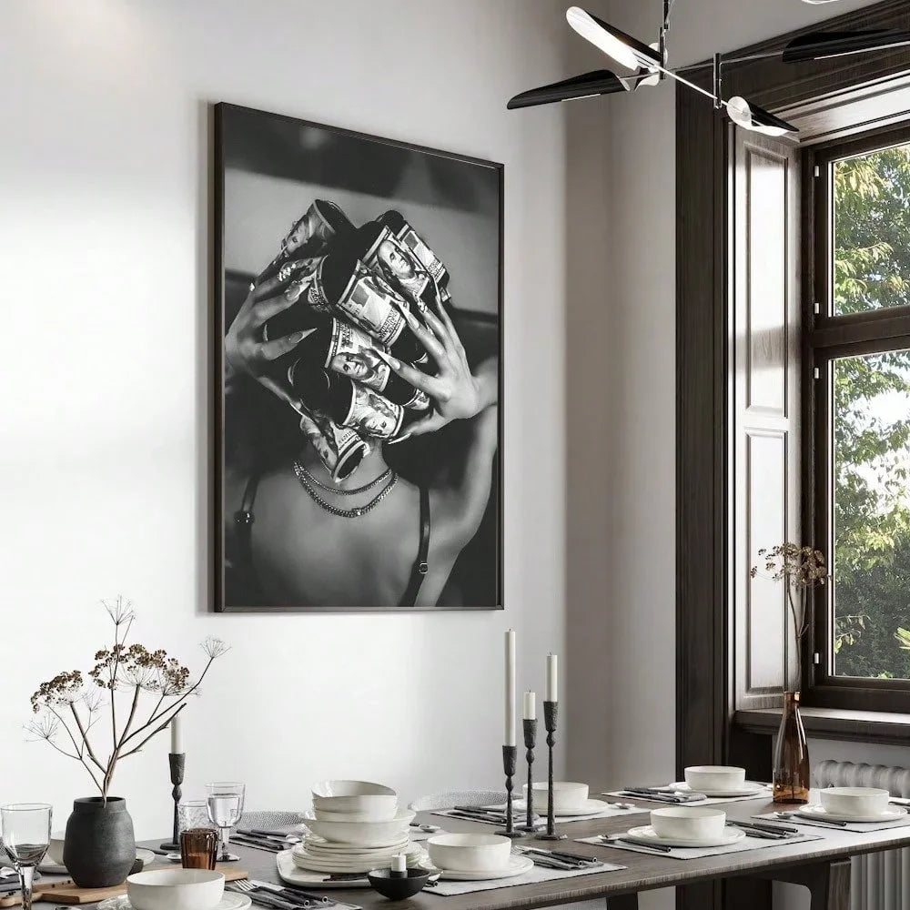 impression toile abstraite personne masquée billets banque contemporaine provocante noire blanche maison