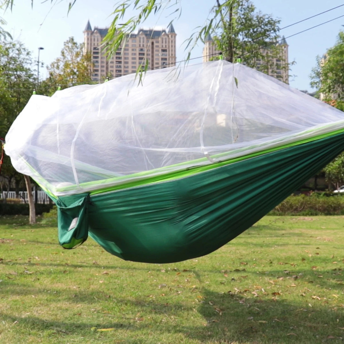 hamac nylon double taille vert olive bleu uni moderne moustiquaire sac rangement ceinture sécurité
