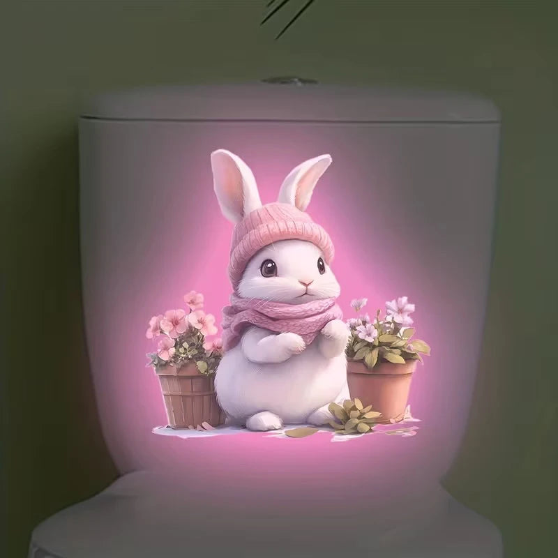 sticker adhésif mur toilette motif lapin fleur brillant nuit décoration maison salle bain