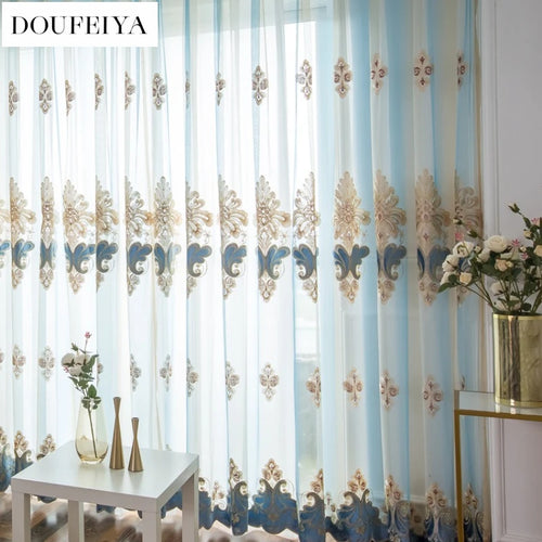 rideau bleu clair broderie florale semi transparent classique élégant salon chambre maison tissu polyester