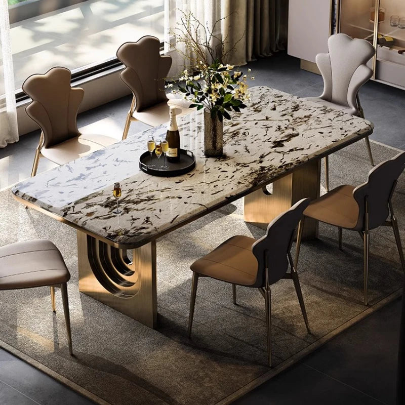 table manger moderne rectangulaire plateau marbre bois pieds métal salon cuisine gris
