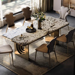 table manger moderne rectangulaire plateau marbre bois pieds métal salon cuisine gris