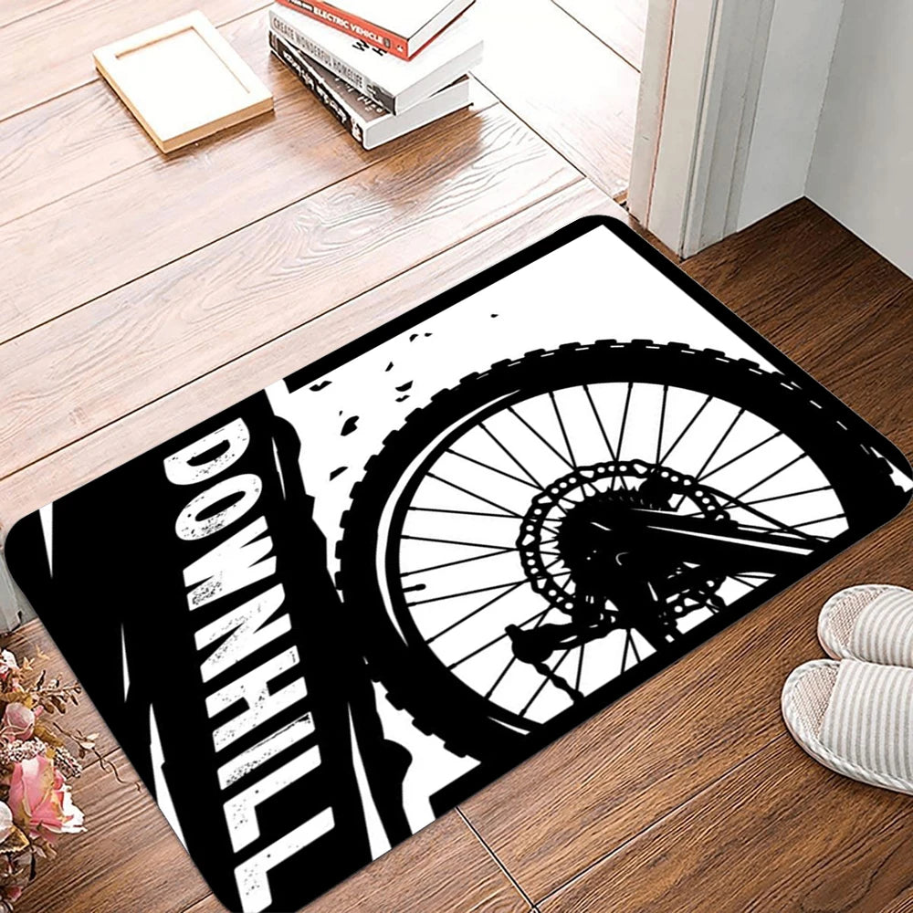 tapis sol moderne motif vélo texte ride mtb downhill noir blanc