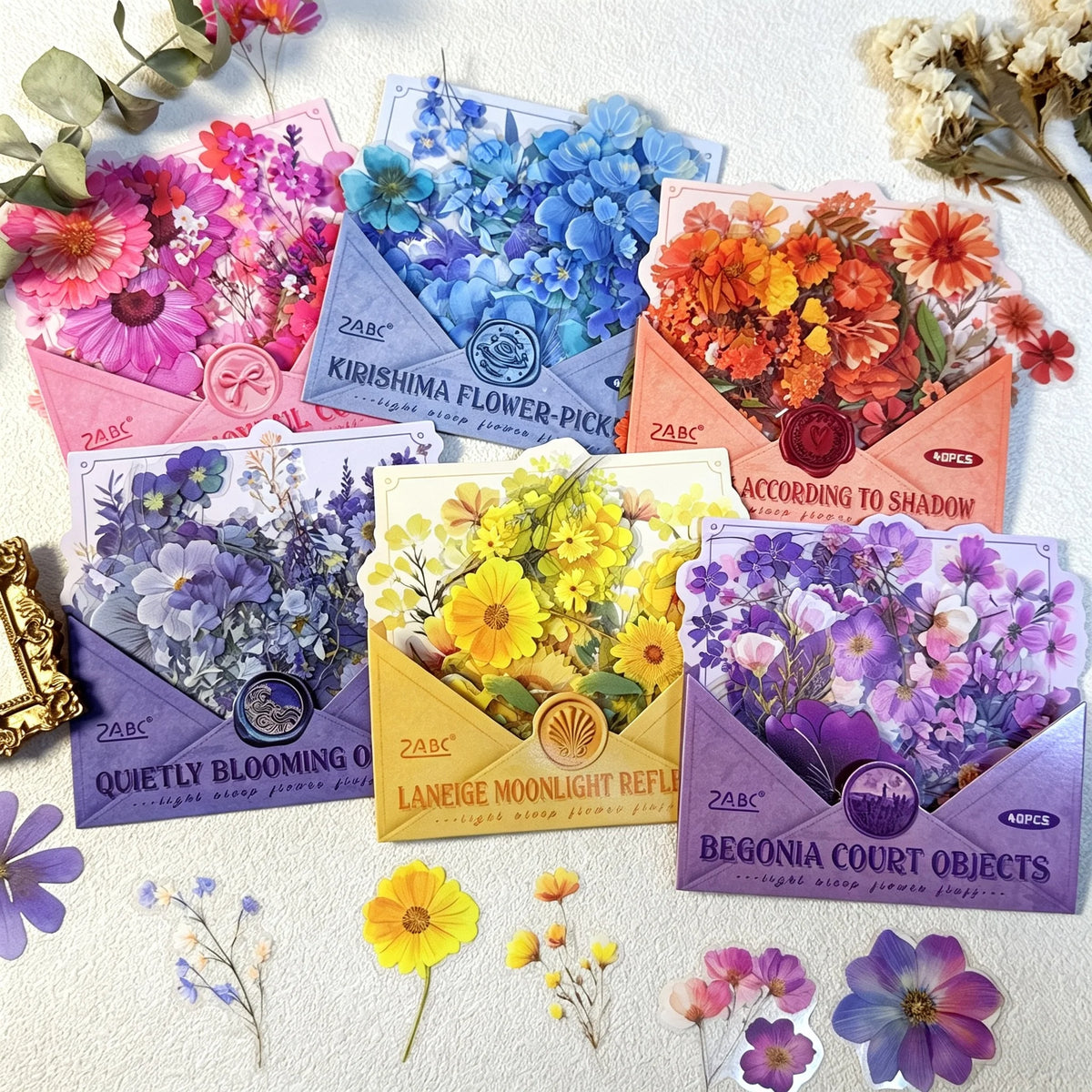 autocollants fleurs séchées naturelles variées orange rouge rose violet bleu jaune scrapbooking diy journal