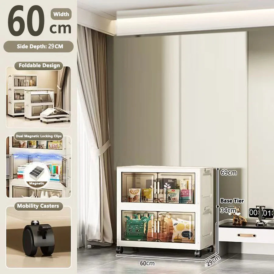 meuble rangement modulable blanc roulettes portes transparentes rayures verticales modernes