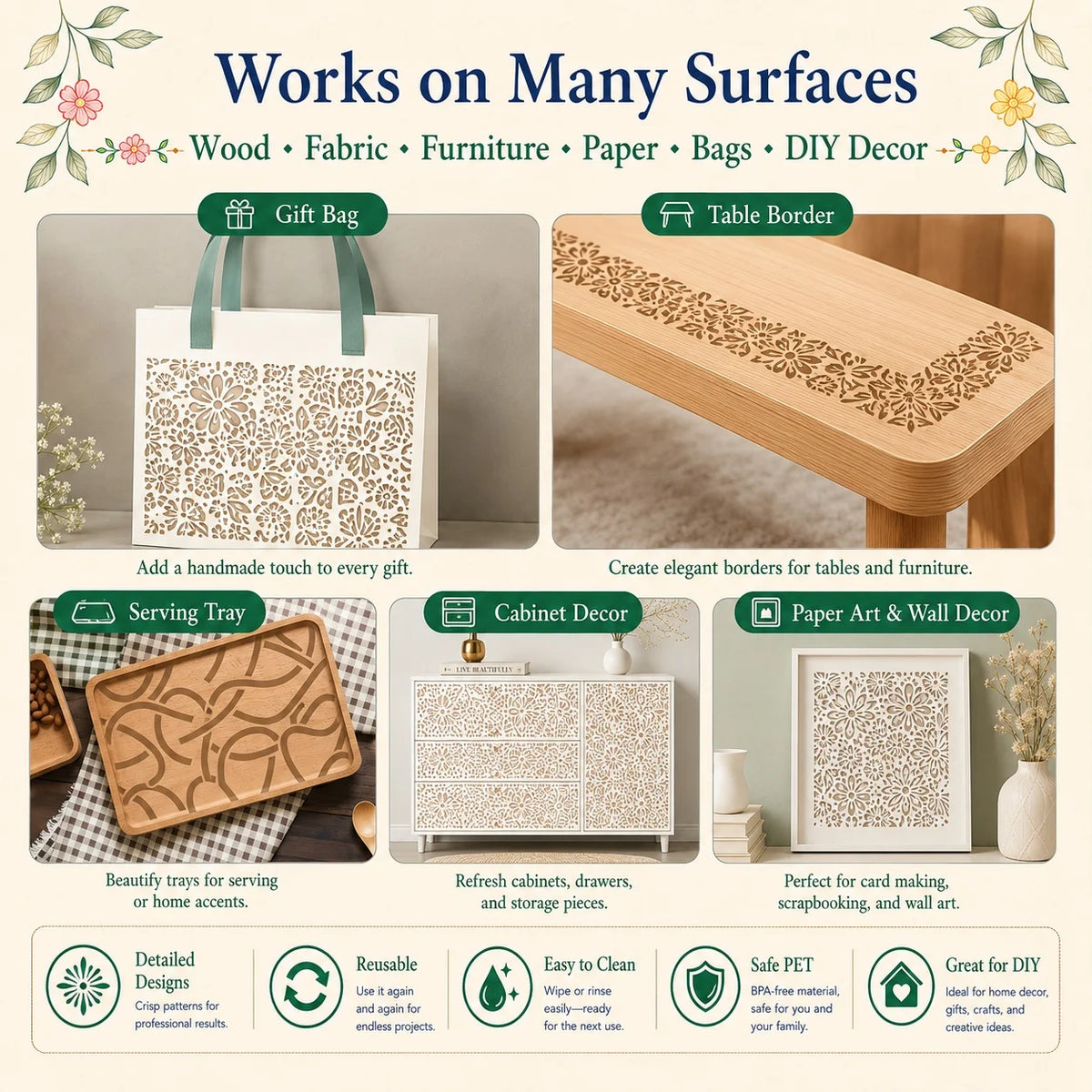 gabarits texture moderne blancs divers motifs floraux géométriques adhésifs décoration intérieure bricolage