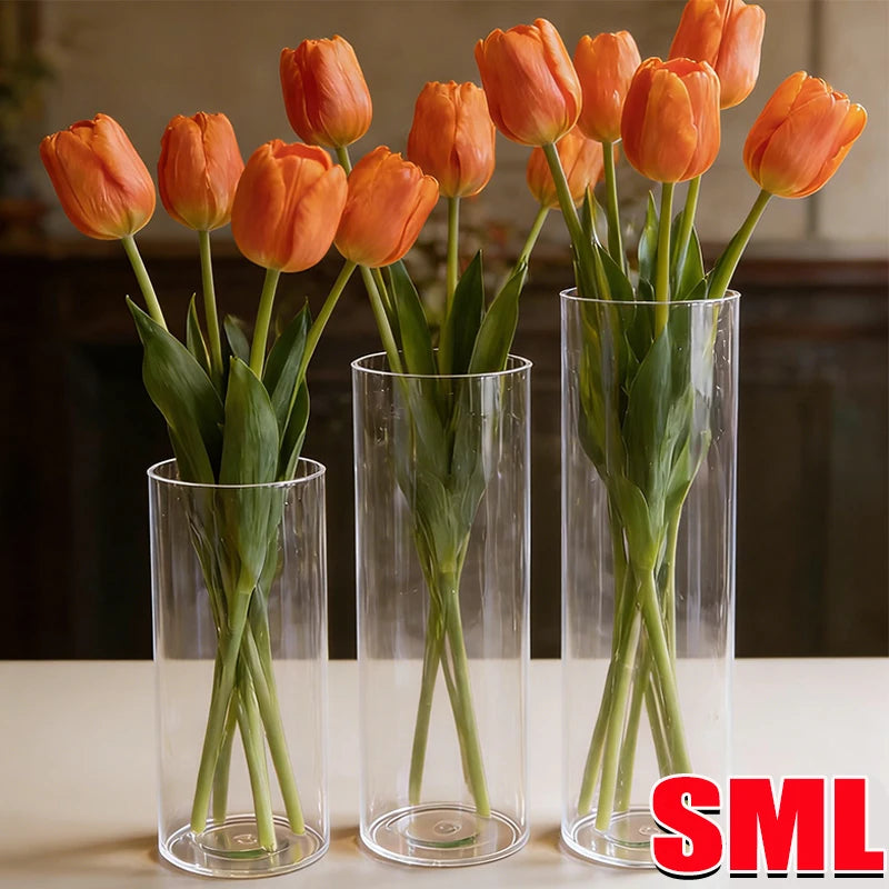 vase transparent cylindrique fleurs tulipes carnações plantes artificielles décoration table