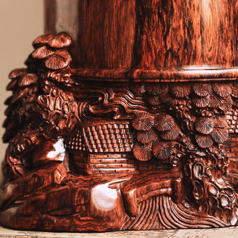 porte crayons bois sculpté paysage traditionnel marron foncé pinceau doré