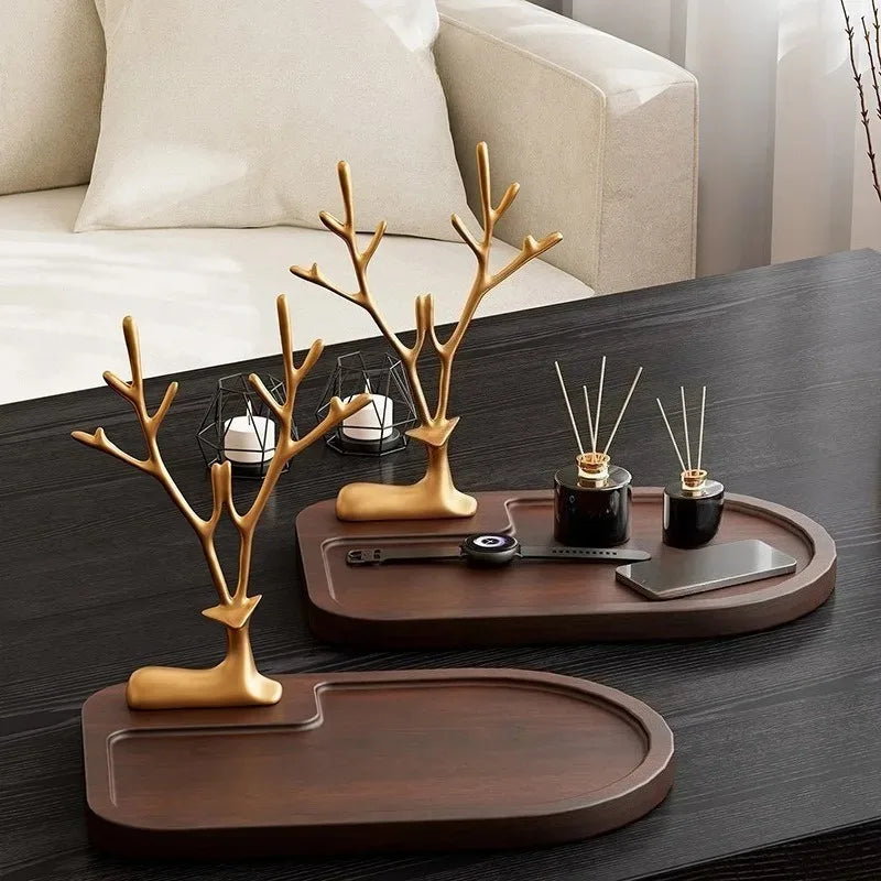 plateau rangement bois moderne marron foncé cuir coutures arbre doré diffuseur huiles essentielles bouteille