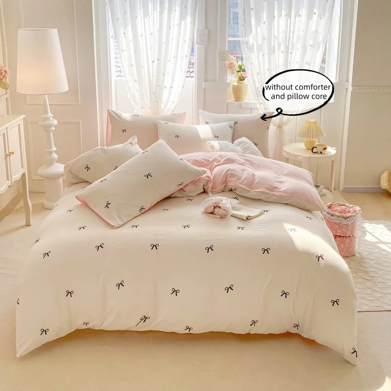 ensemble literie moderne blanc rose nœuds papillon housse couette taies d'oreiller doux polyester serge