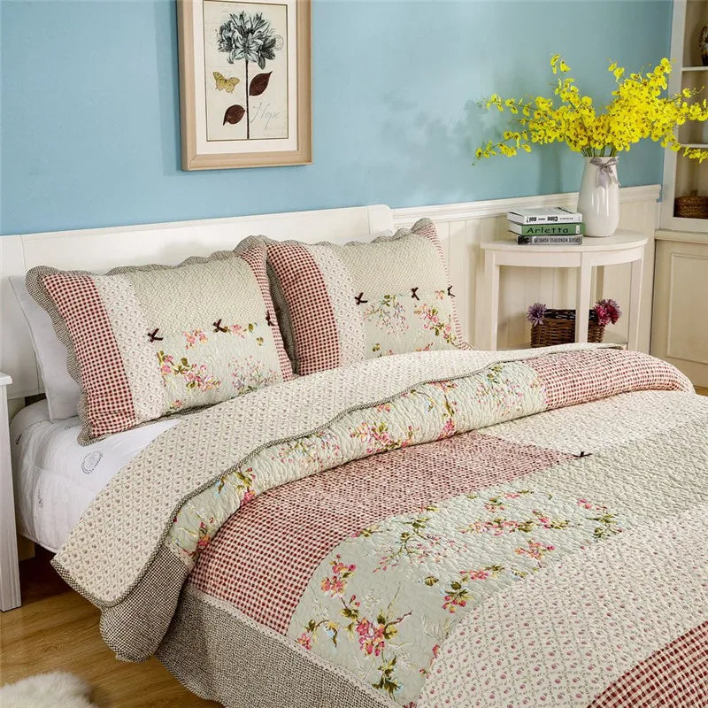 couvre lit patchwork coton floral vert beige rose matelassé maison hiverversible machine laver