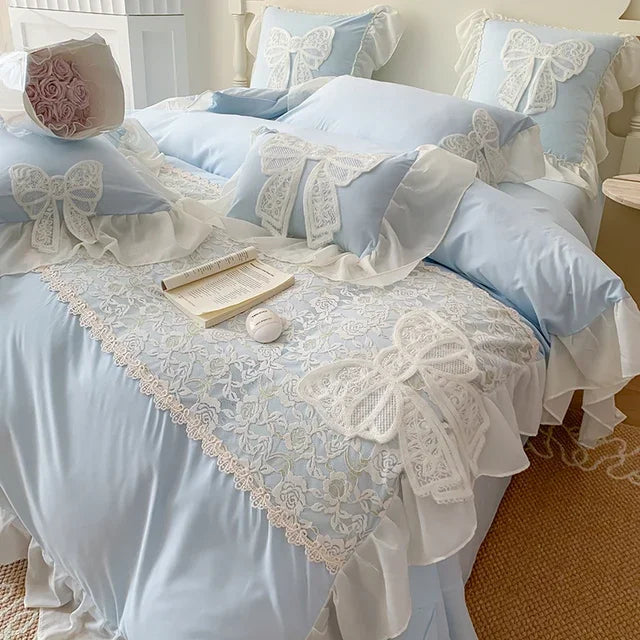 ensemble literie romantique violet rose dentelle blanche fronces bordures vintage filles chambre adolescente