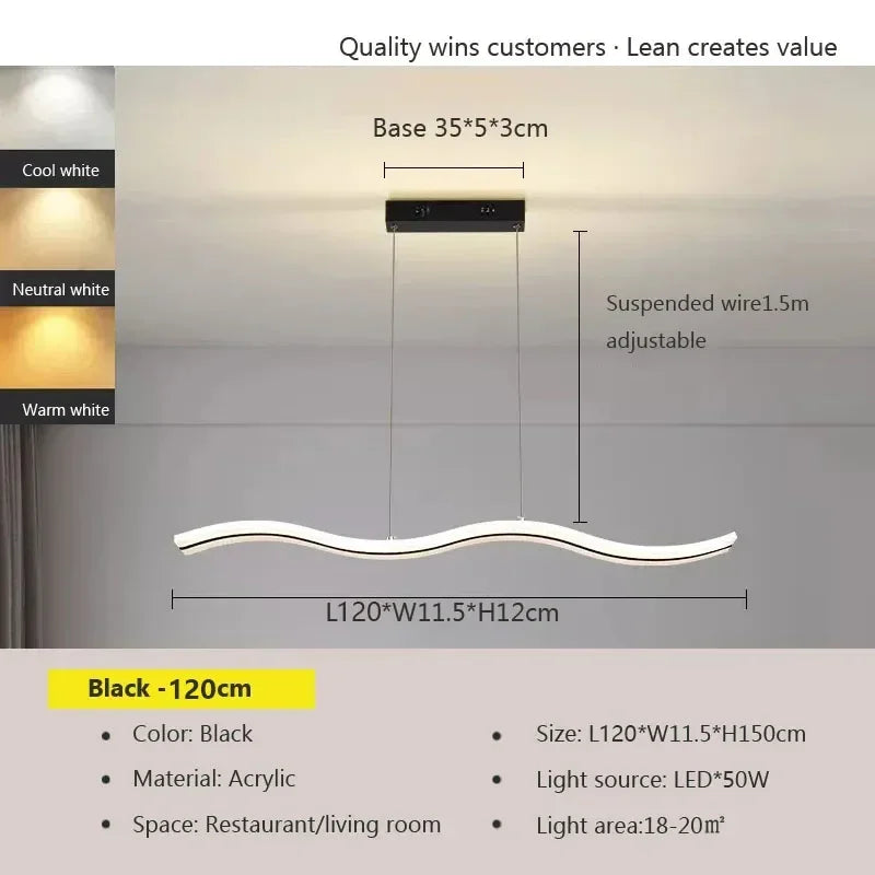 suspension lumineuse moderne blanc noir ondule clips câbles diffuseur 100cm 120cm led