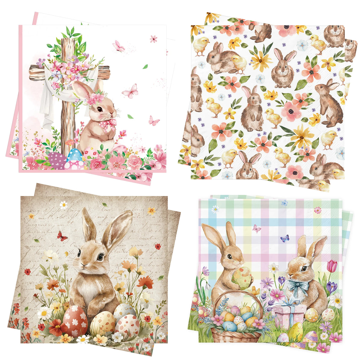 serviettes multicolores lapins poussins fleurs pâques thème fete printemps decoration table usage unique pack