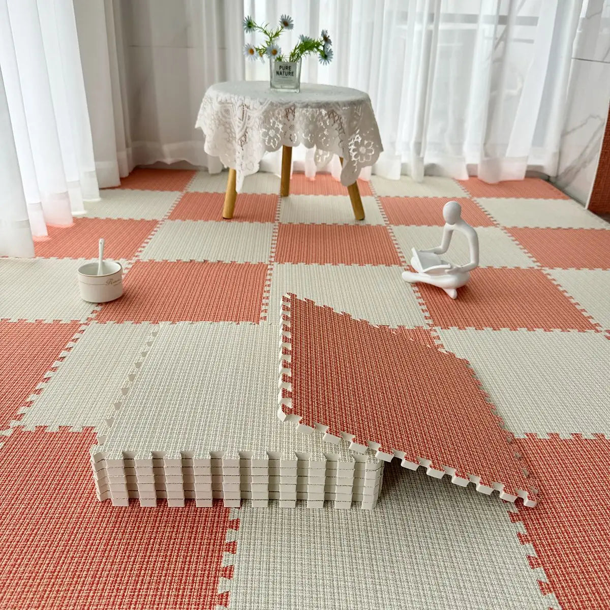 tapis sol modulable carreaux géométriques orange gris beige moderne fonctionnel clips