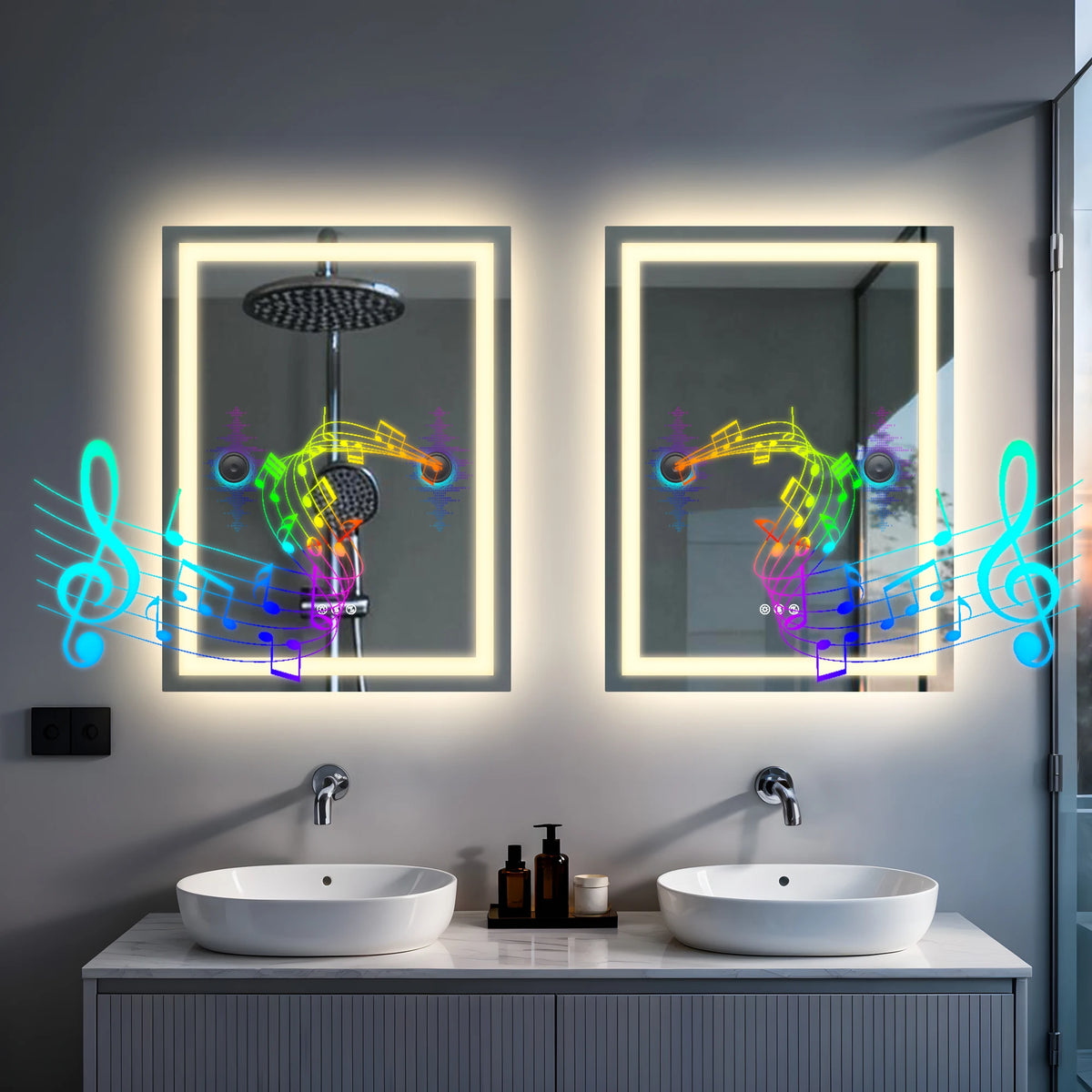 miroir lumineux moderne noir blanc gris notes musicales géométriques led bluetooth variable minimaliste