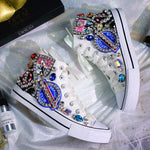 chaussures sport femme toile blanches broderies strass badges printemps automne décontractées lacets PVC