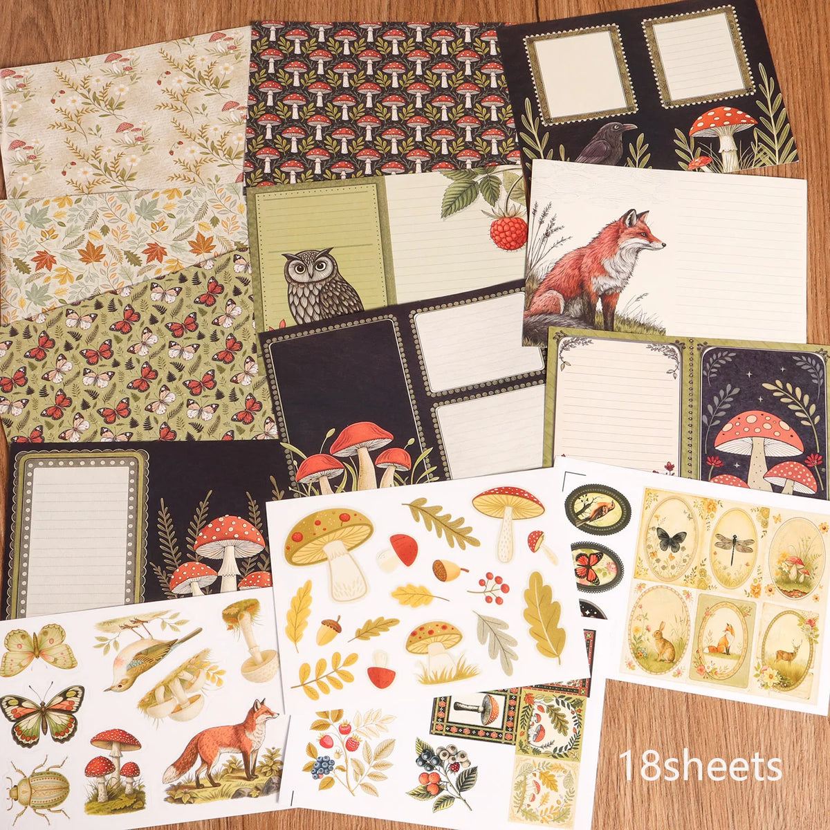 carnet notes stickers autocollants motifs naturels vintage papier lignes illustratif champignons oiseaux feuilles adhésif