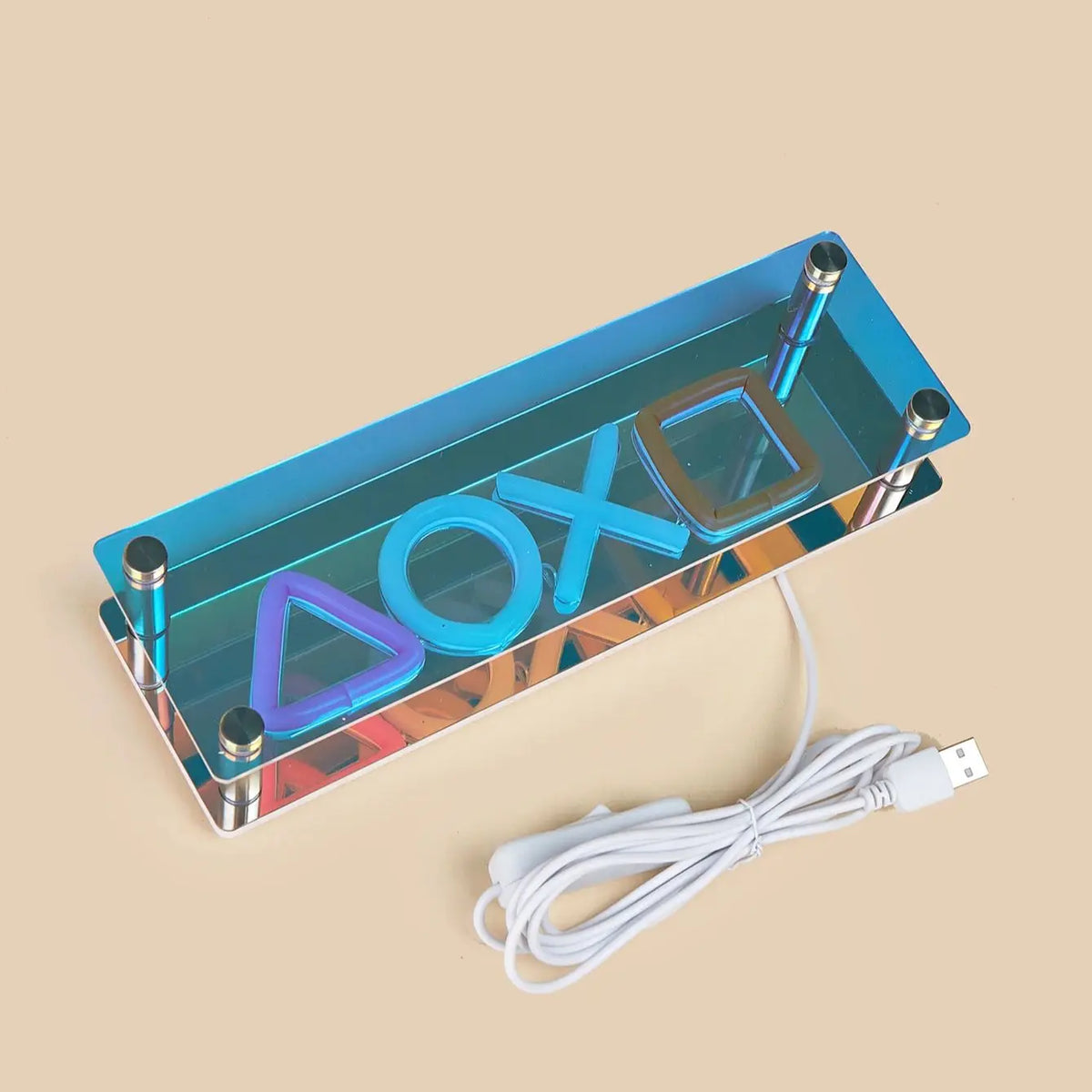 lampe néon violet bleu verte jaune moderne symboles jeu clips métalliques câble usb alimentation