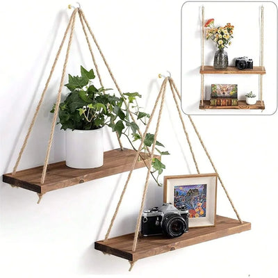 étagère suspendue bois naturel blanc rustique minimaliste ficelle coton plante horloge cadre photo