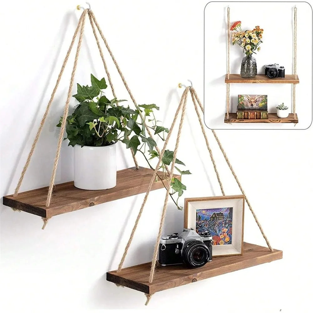 étagère suspendue bois naturel rustique moderne cadre photo plante horloge vase