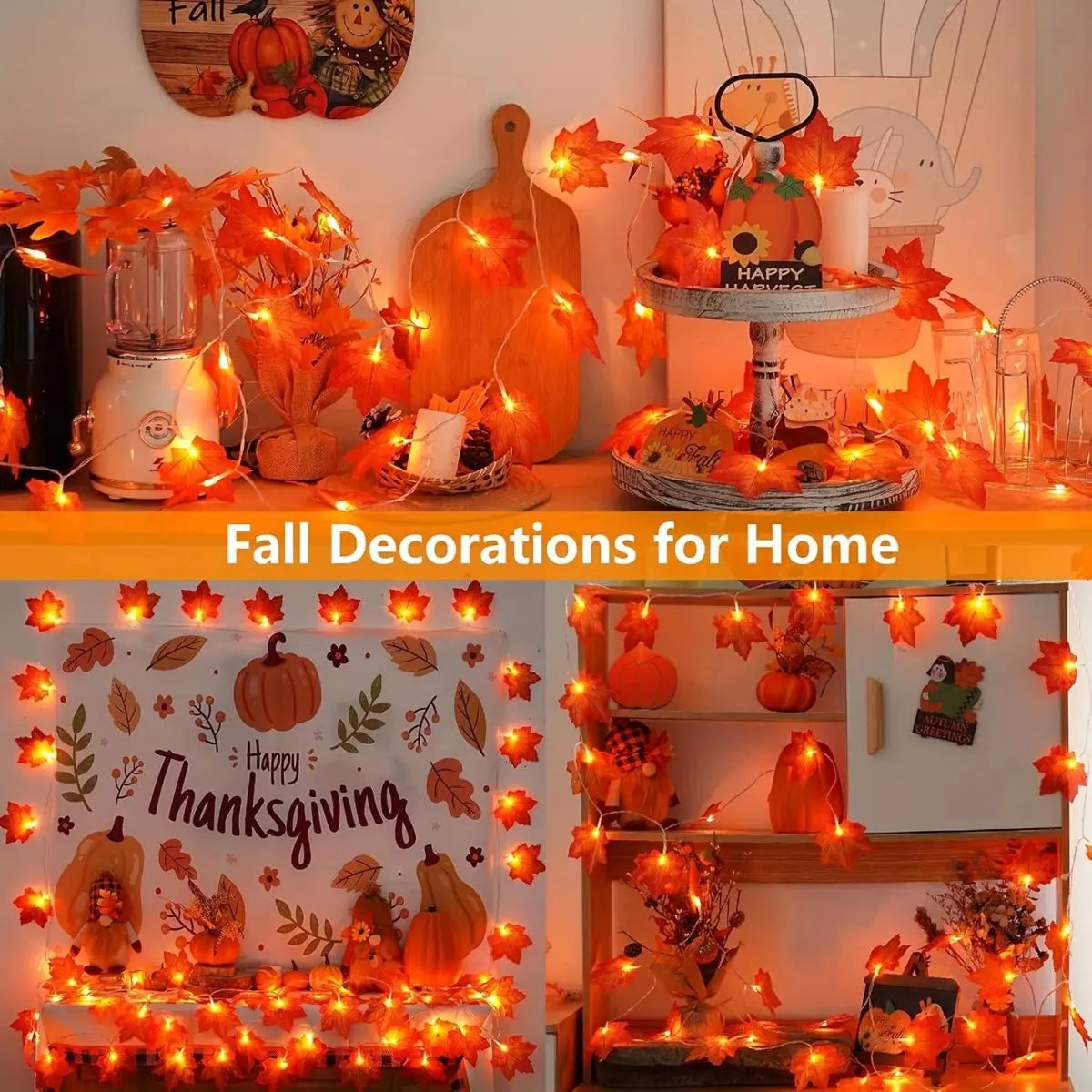 guirlande lumineuse feuilles érable rouges orange automne halloween 20 30 40 led batterie sèche