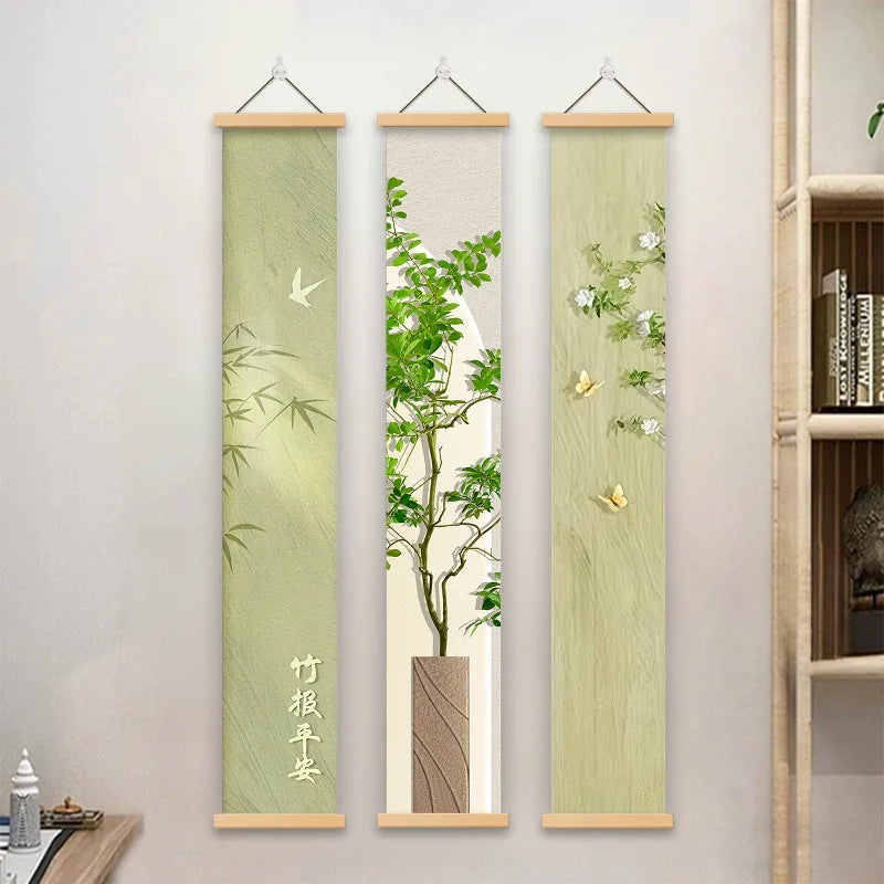 tapisserie murale art japonais feuilles bambou oiseaux fleurs vert beige décoration salon chambre zen