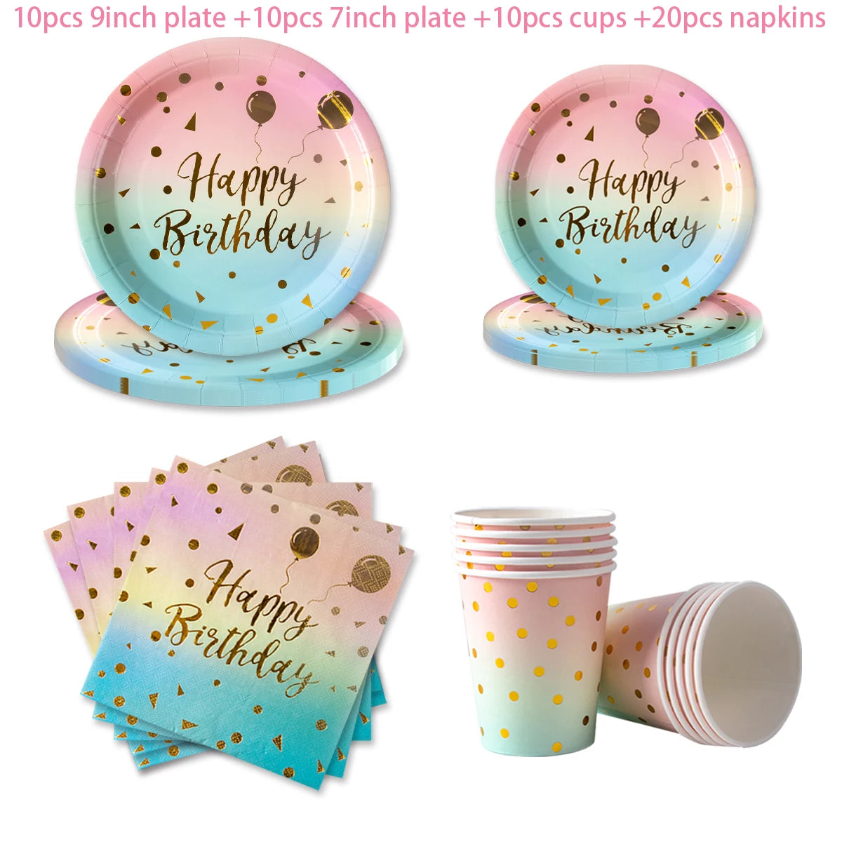 assiettes jetables rose bleu doré happy birthday confettis dorés serviettes verres festifs anniversaire mariage