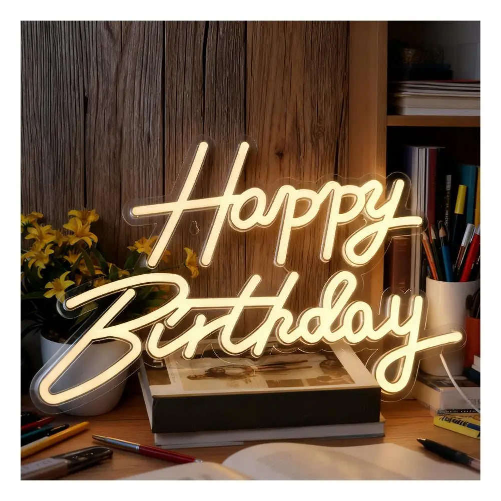 lampe néon happy birthday led acrylique décoration moderne câble usb anniversaire lettres stylisées blanc
