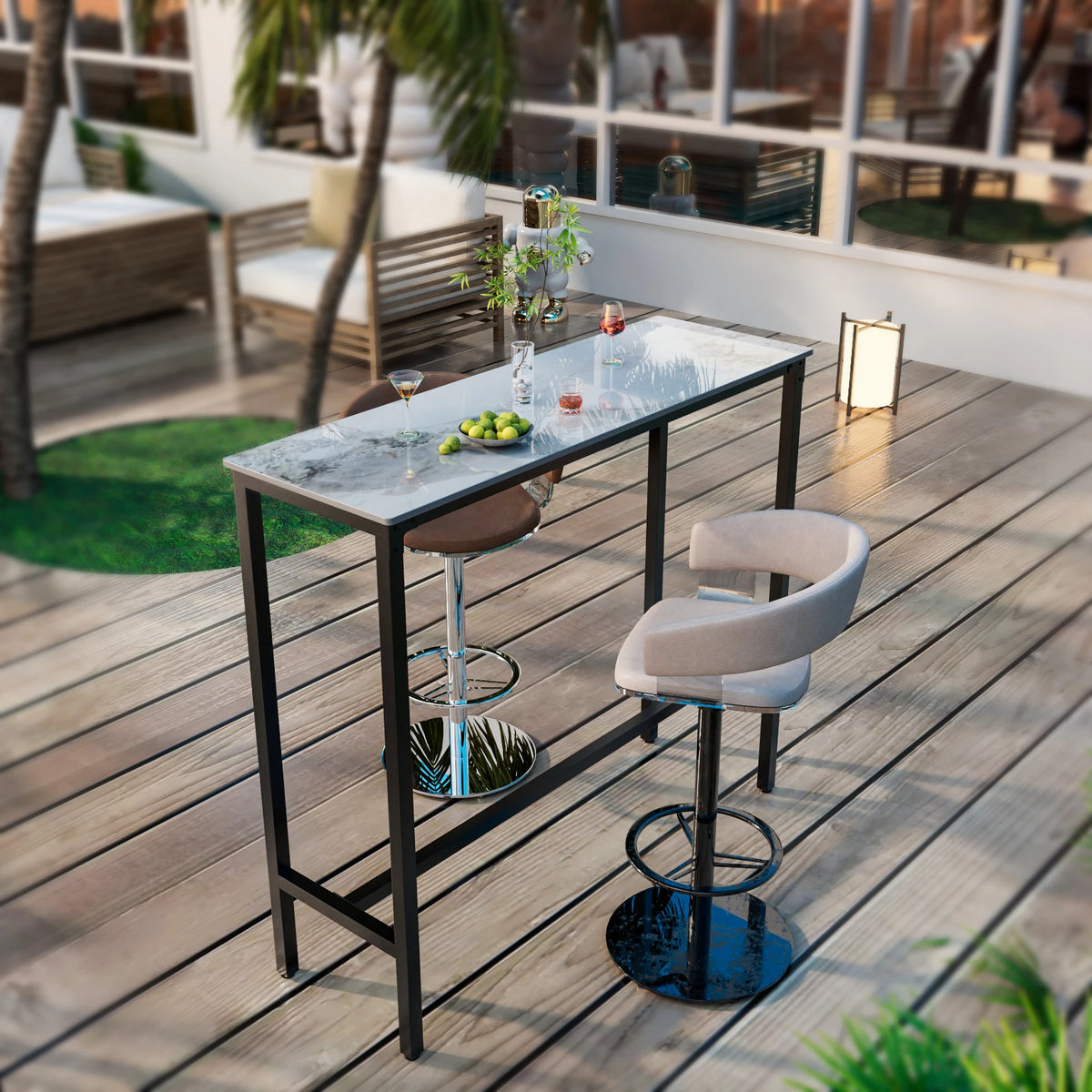table haute moderne marbre blanc pieds métal noir tabourets minimaliste