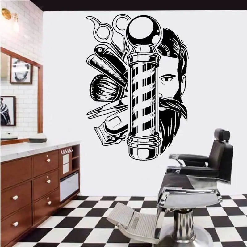 autocollant mural vintage coiffeur ciseaux peigne décoration salon cheveux fenêtre murOpaque Noir Blanc Outils