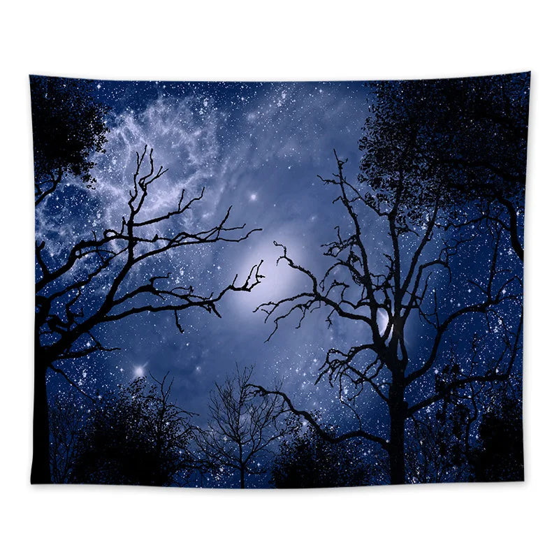 tapisserie forêt nocturne étoiles aurora borealis bleu noir blanc vertical maison chambre decoration