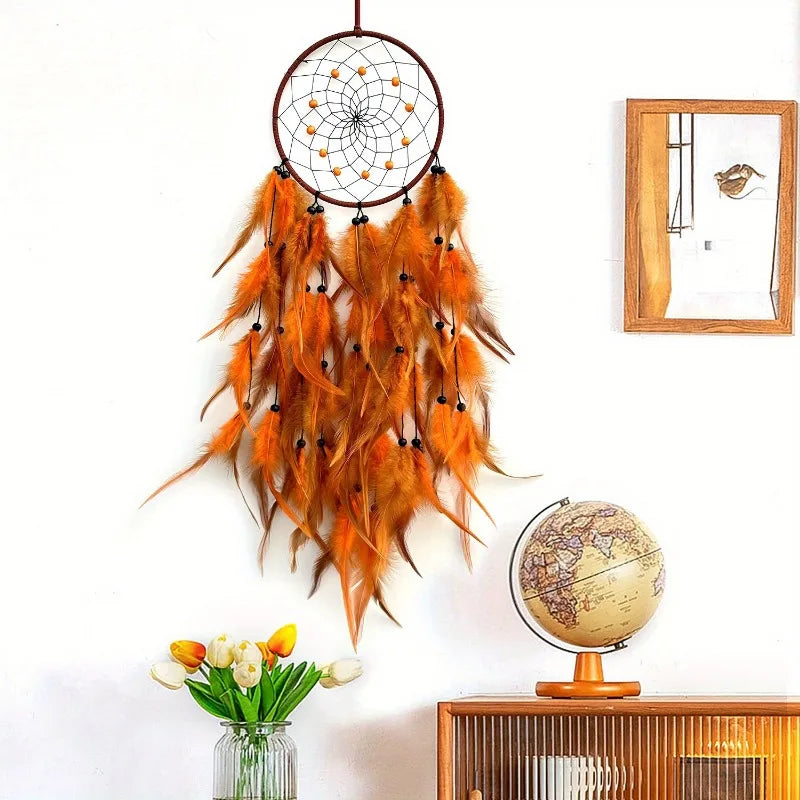 attrape rêves traditionnel plumes bleu vert orange violet décoration murale