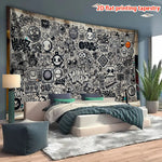 tapisserie imprimée moderne graphique noir blanc salon chambre décoration clips fixations abstraite symboles diverse