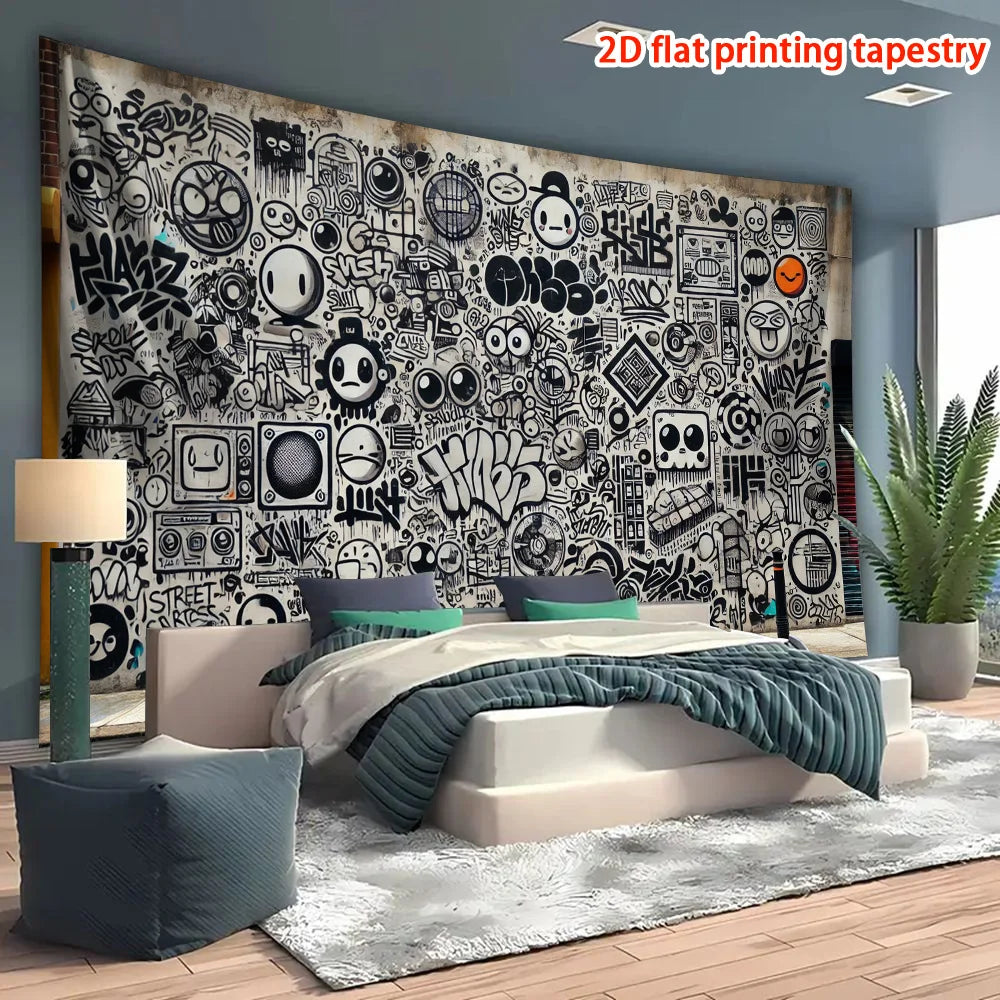 tapisserie imprimée moderne graphique noir blanc salon chambre décoration clips fixations abstraite symboles diverse